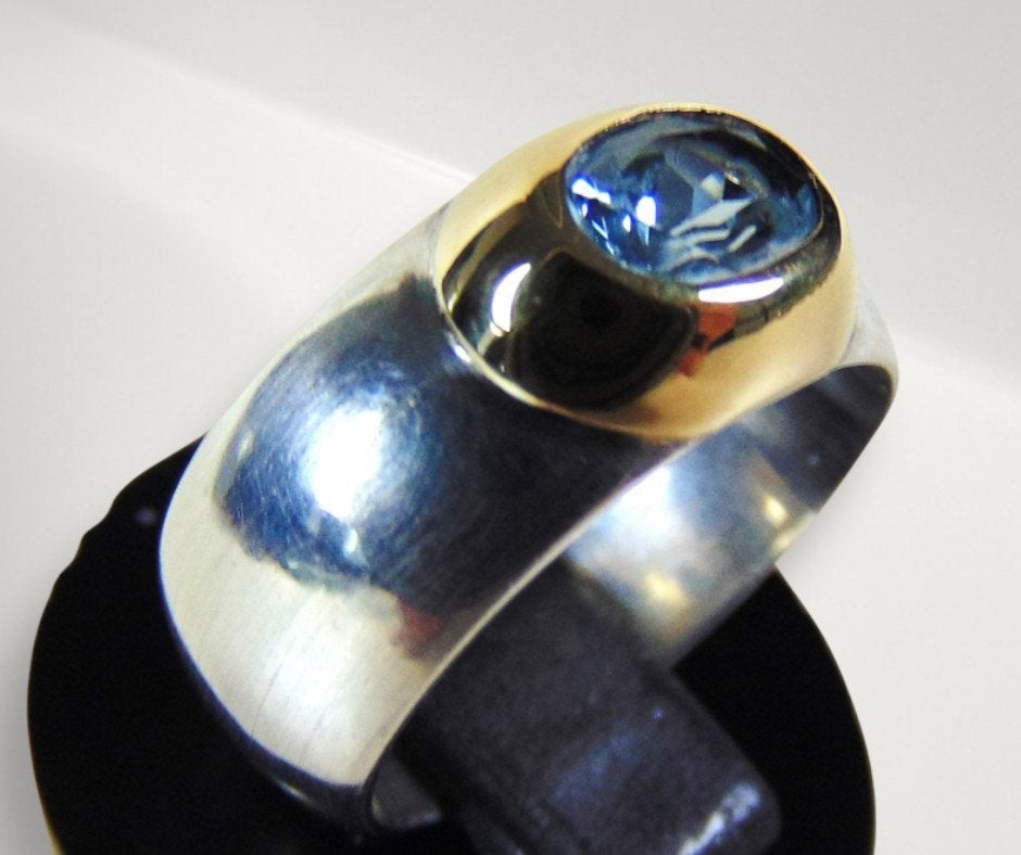 #2 NIEUWE strakke 925 zilver/14k goud ring AQUAMARIJN M16,5!, Verzenden, Nieuw, Kleiner dan 17, X