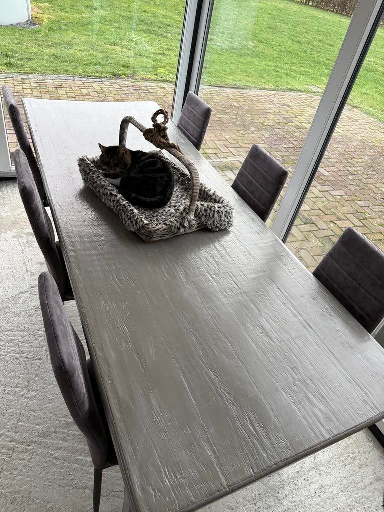Mooie old wash grey tafel inclusief stoelen, Ophalen, 200 cm of meer, 50 tot 100 cm, Zo goed als nieuw