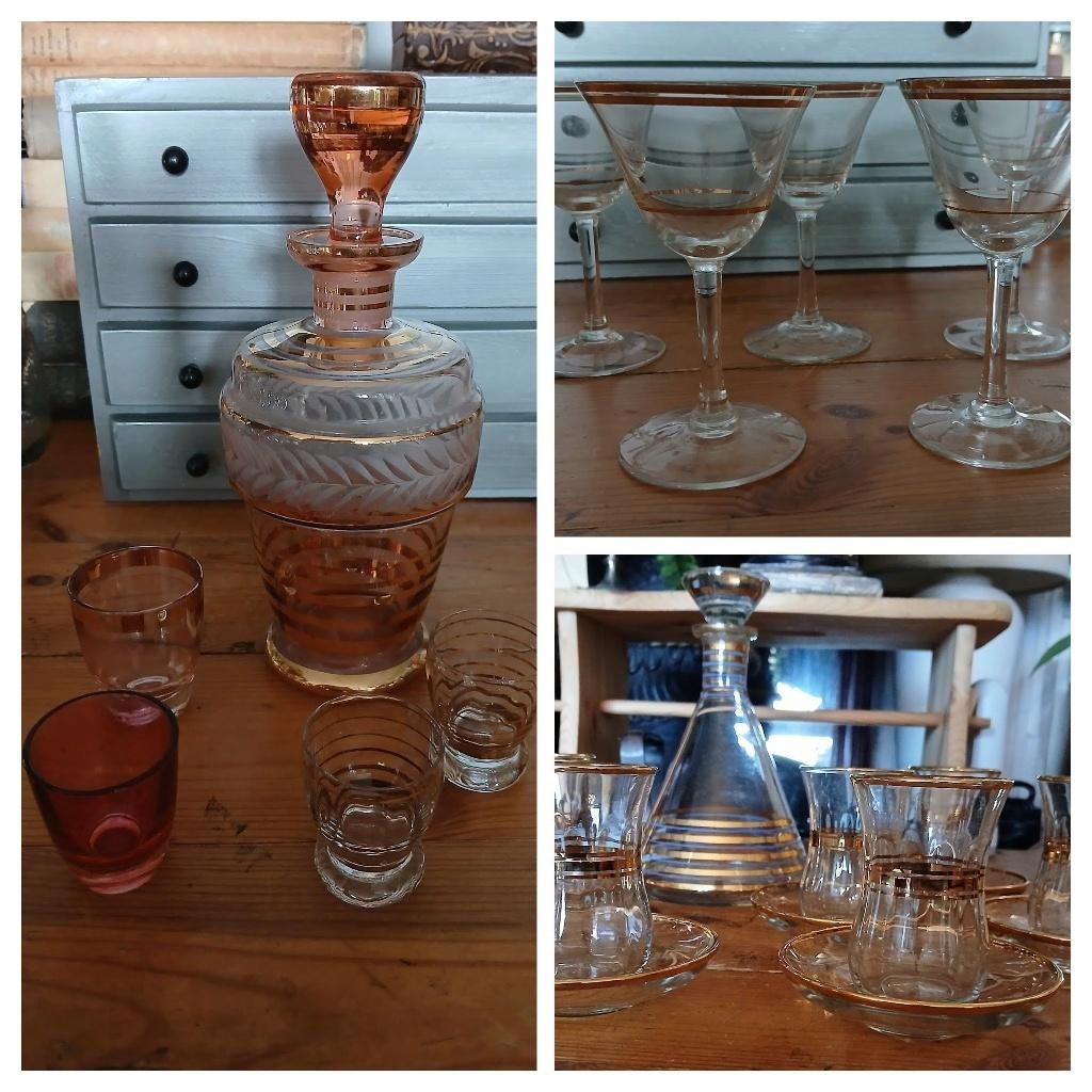 Boheems karaf - karaf roze glas - glaasjes retro, Verzenden