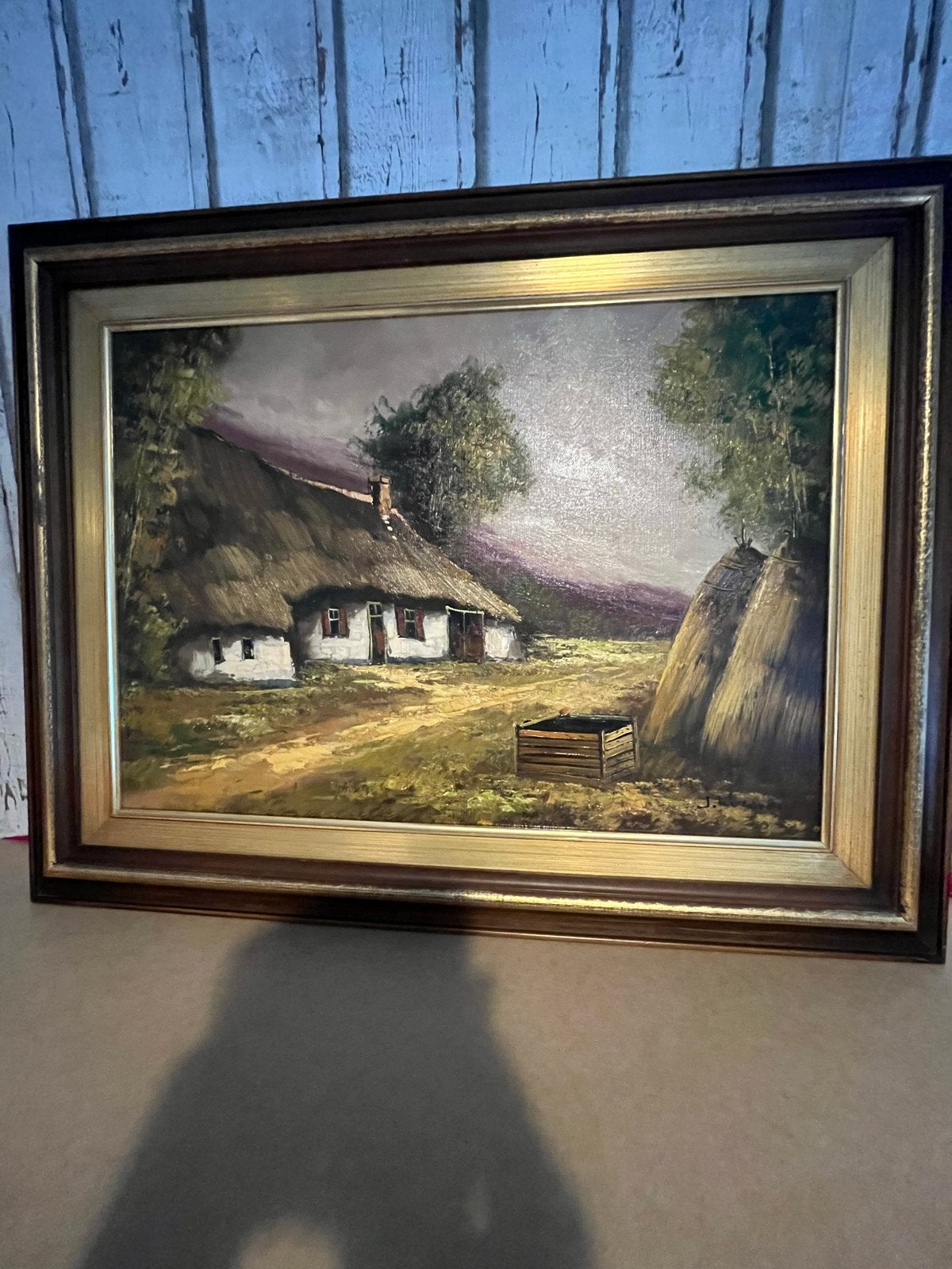 Olieverfschilderij Landschap met boerderij en hooiberg, Doek, Realistisch, Ophalen of Verzenden, Landschap