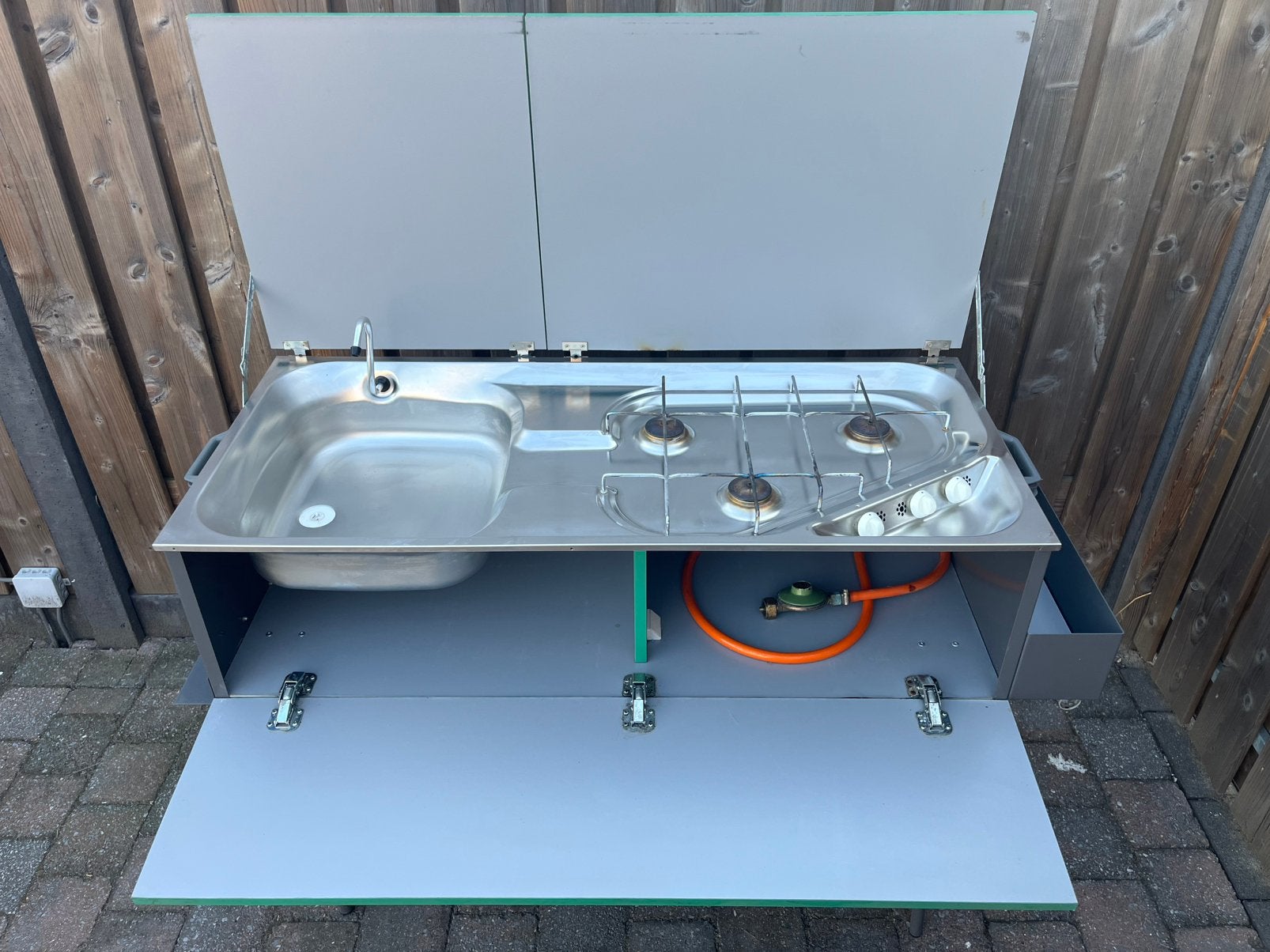 Bermkeuken Jamet wasbak gasfornuis 3pits, Caravans en Kamperen, Kampeeraccessoires, Ophalen, Gebruikt