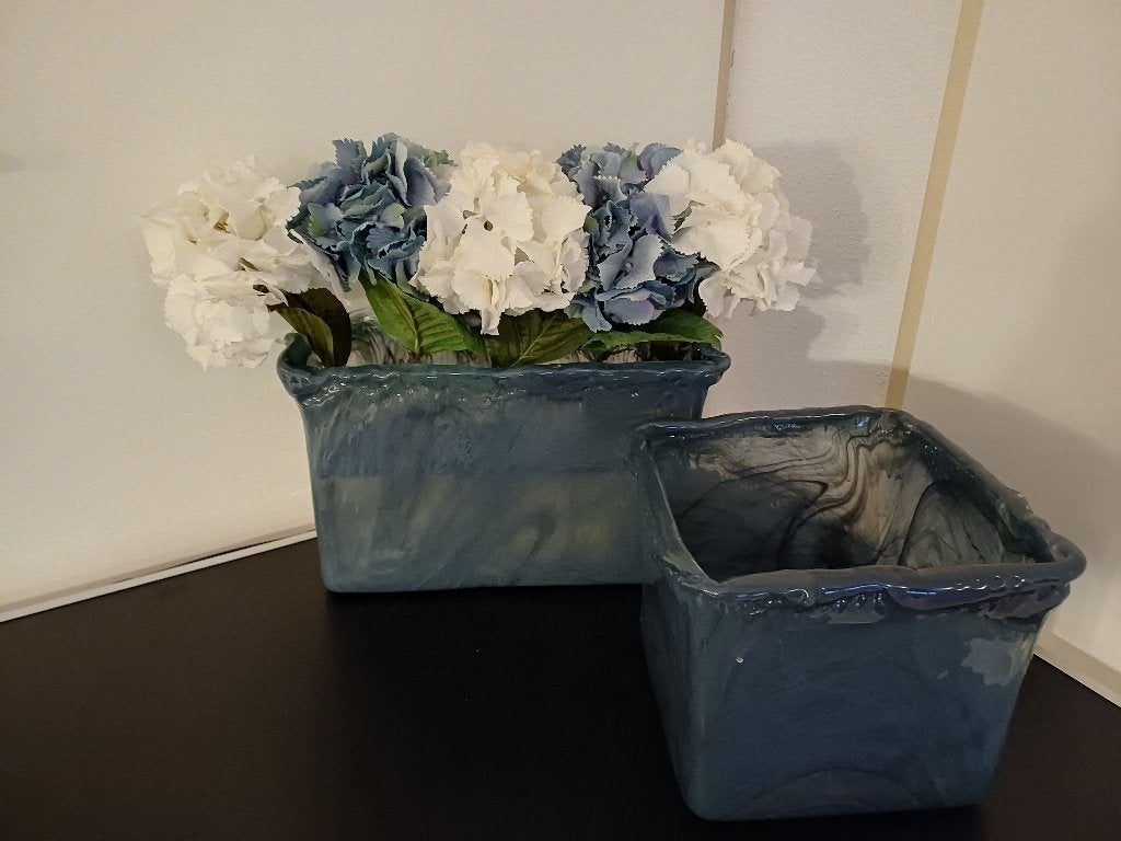 Set van 2 glazen blauwe bloempotten, Tuin en Terras, Bloempotten, Zo goed als nieuw, Overige materialen, Binnen, Minder dan 40 cm