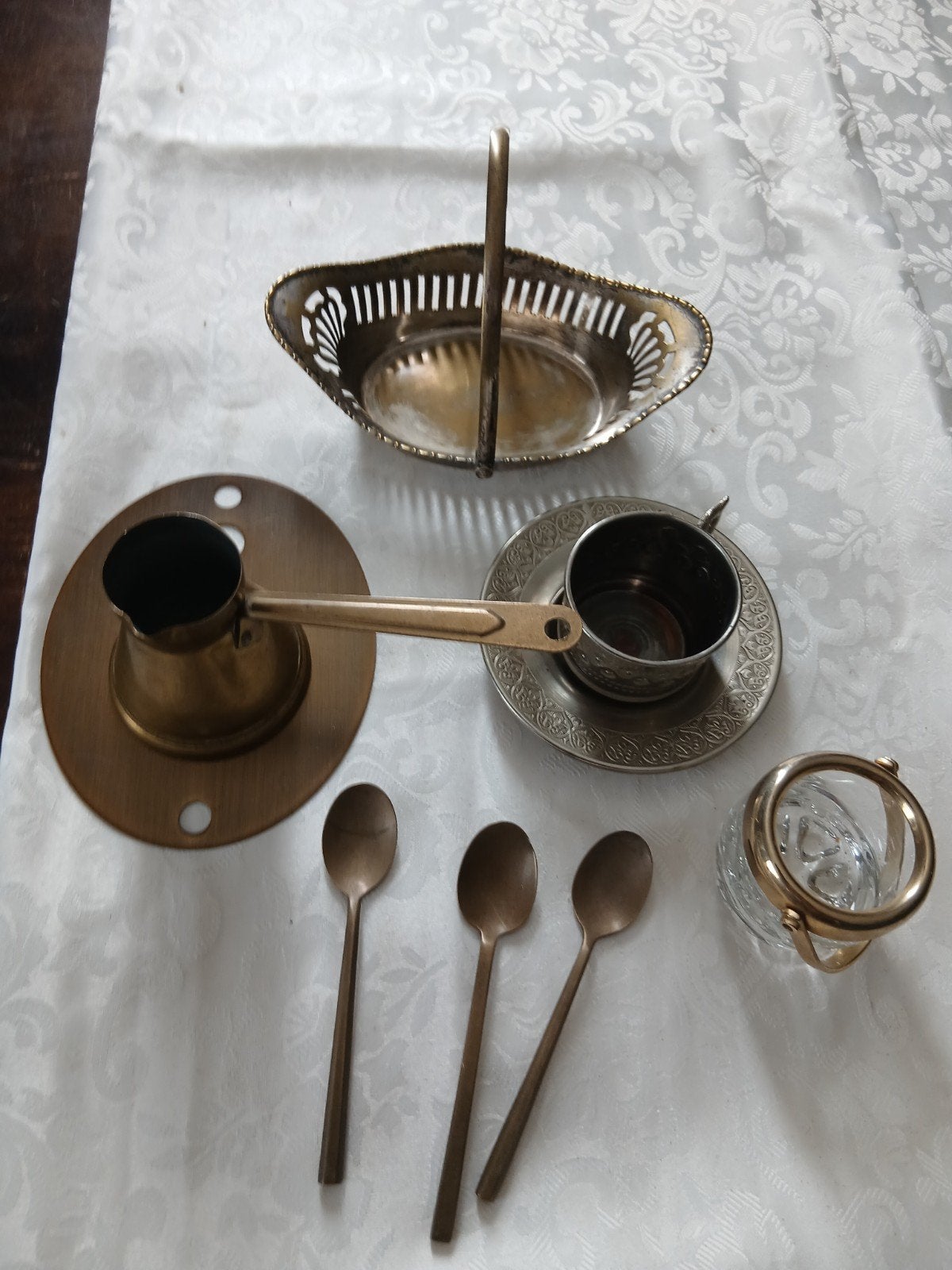 Vintage koperen en verzilveren theeset met mandje, Ophalen of Verzenden