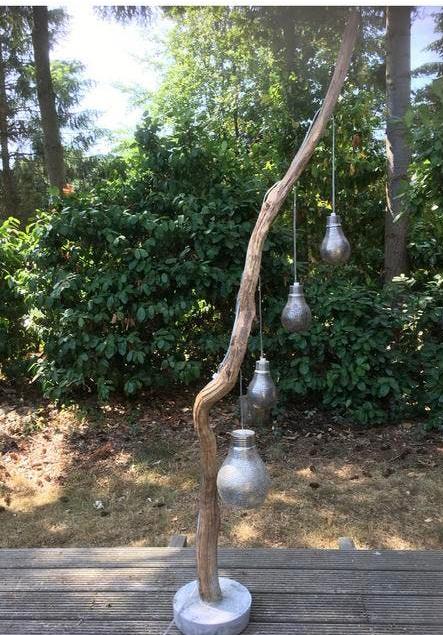 Unieke handgemaakte staande lamp van acacia hout, Ophalen, Gebruikt, Hout, 150 tot 200 cm