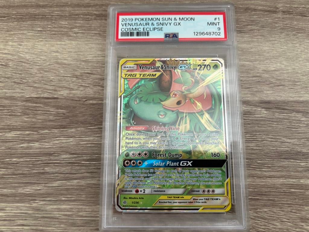 Venusaur & Snivy GX (CEC 1) PSA 9, Ophalen of Verzenden, Zo goed als nieuw