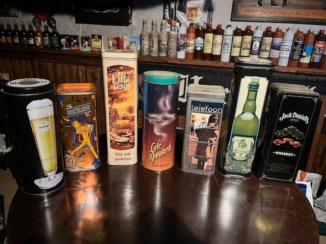 Diverse lege blikken en kokers: Hertog Jan, Warsteiner, etc., Ophalen of Verzenden, Gebruikt, Overige typen, Hertog Jan