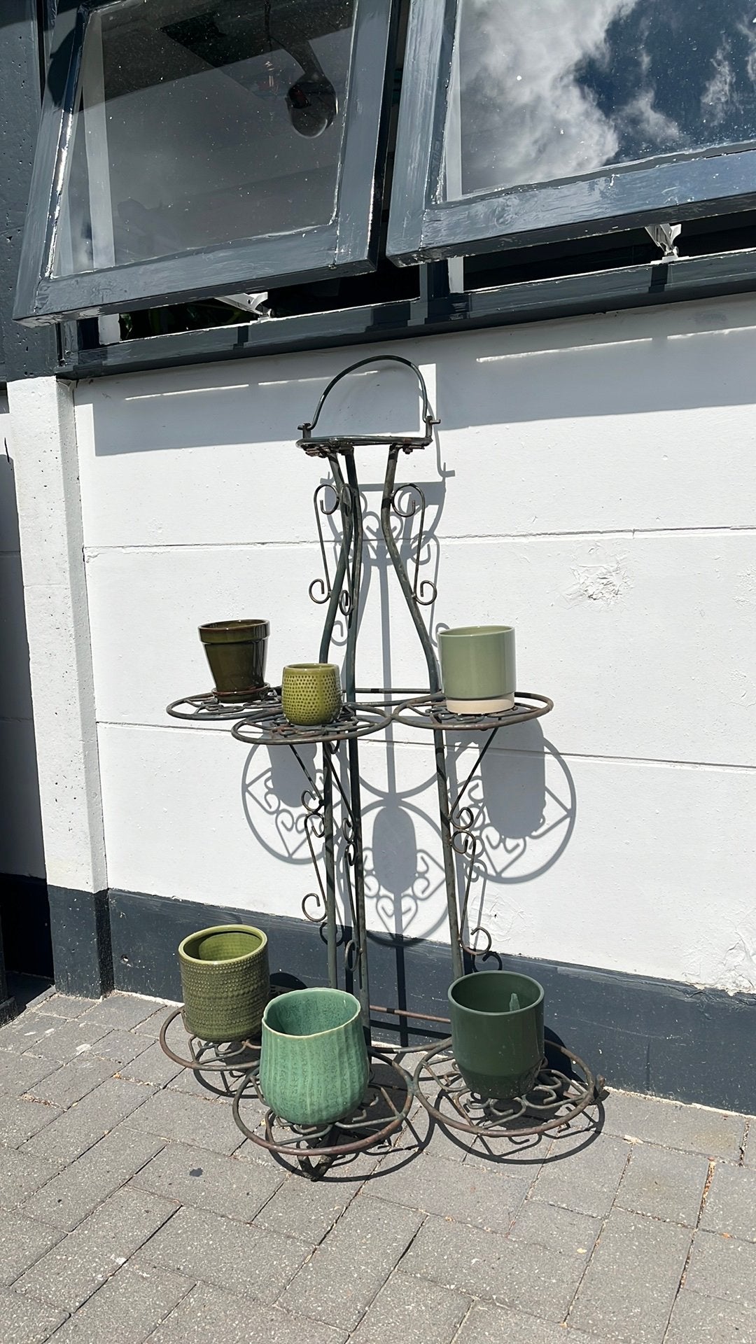 Vintage IJzeren Plantenrek met gratis groene bloempotten, Tuin en Terras, Ophalen, 100 cm of meer, Rond, Zo goed als nieuw
