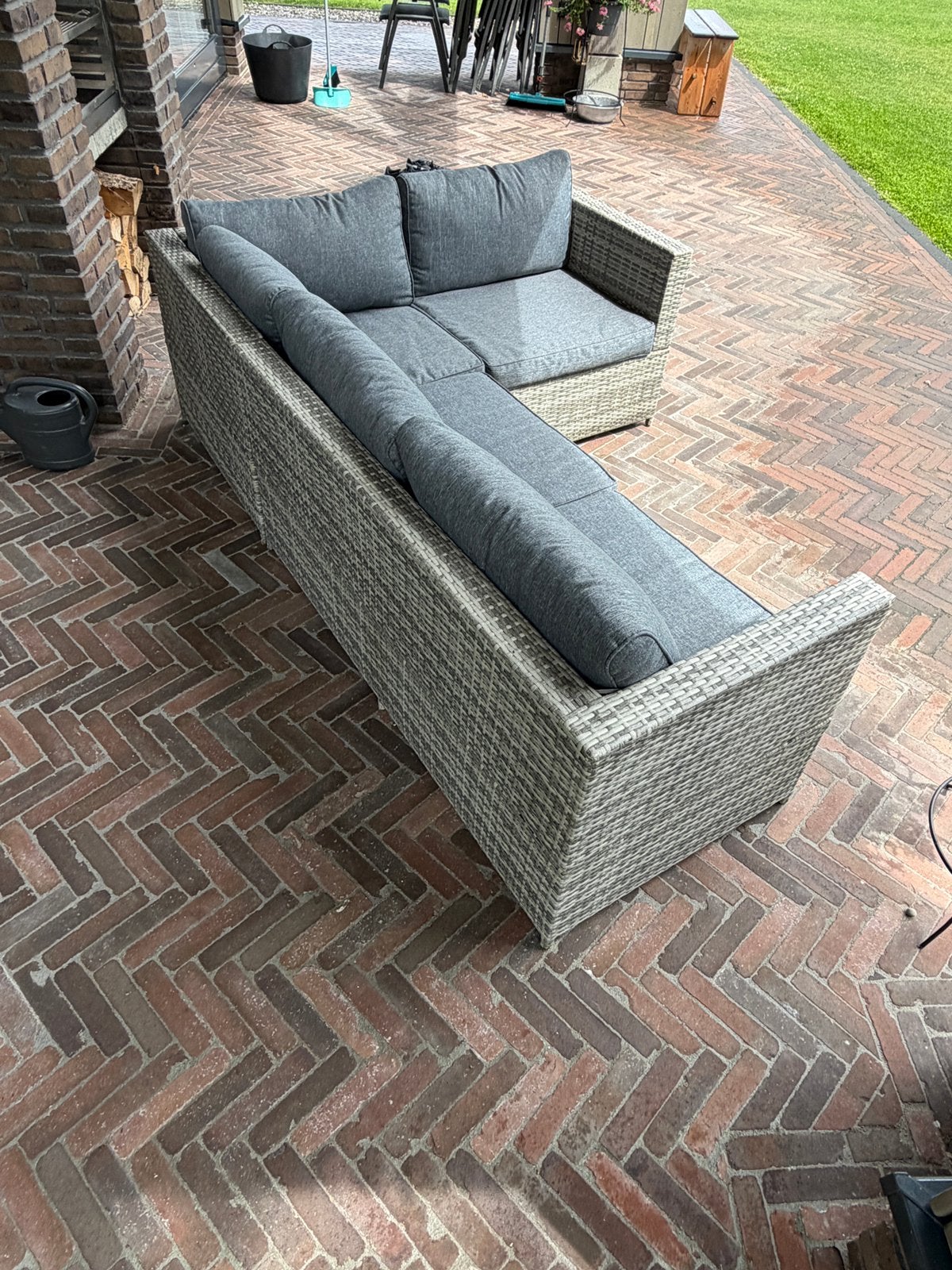 Beschikbaar! Rotan - Wicker lounge Hoek + Kussens - Grijs, Ophalen, 4 zitplaatsen, Gebruikt, Loungeset
