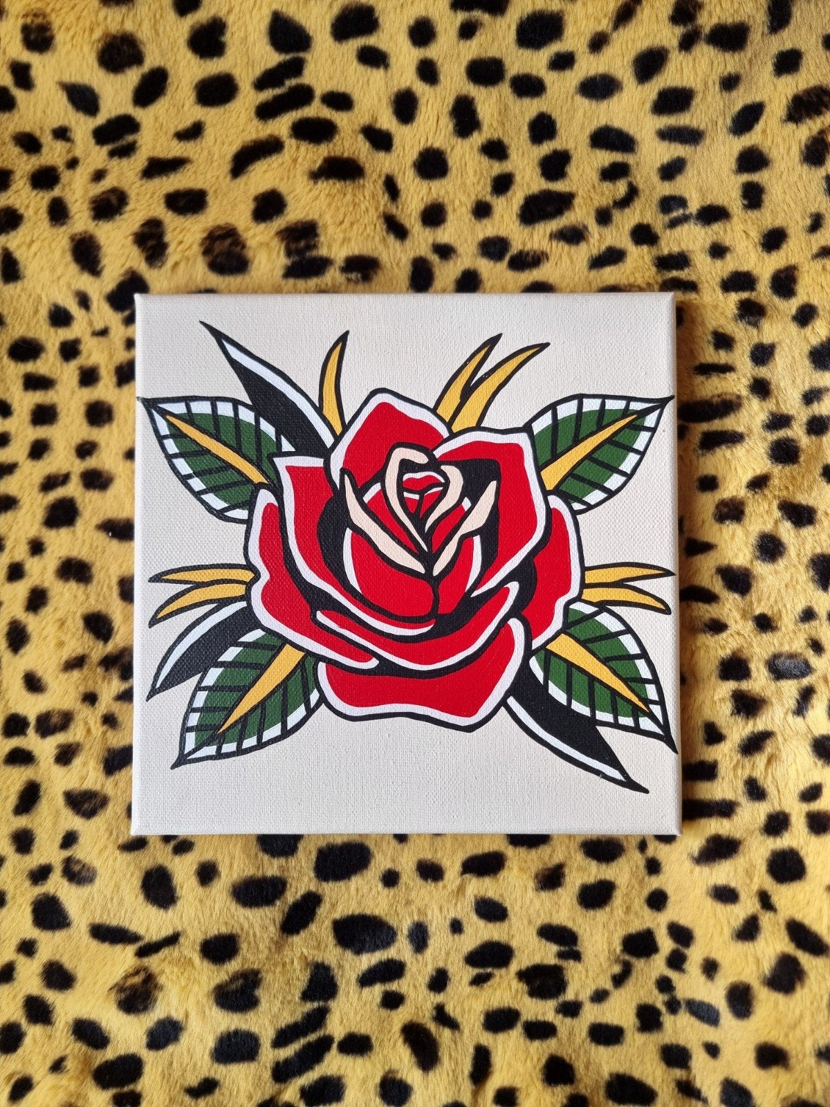 Handgeschilderd schilderijtje tattoo bloem 20x20 cm, Ophalen of Verzenden, Handgeschilderd, Acrylverf, Bloemen