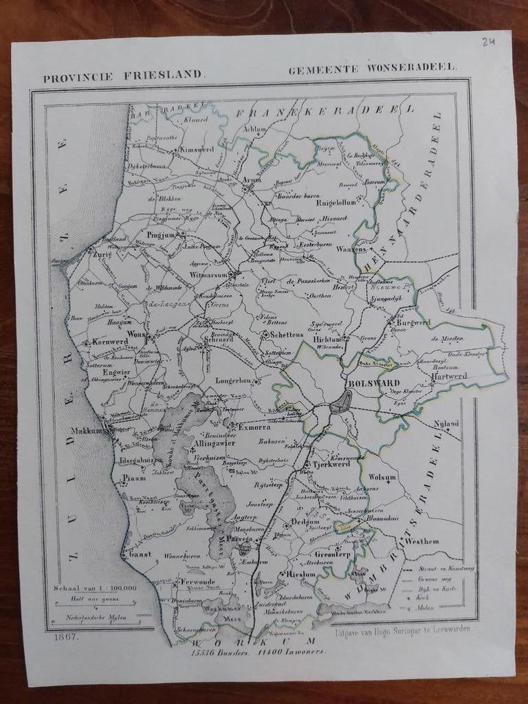 24 / Wonseradeel Bolsward Tjerkwerd Litho 1865 van J. Kuyper, Ophalen of Verzenden