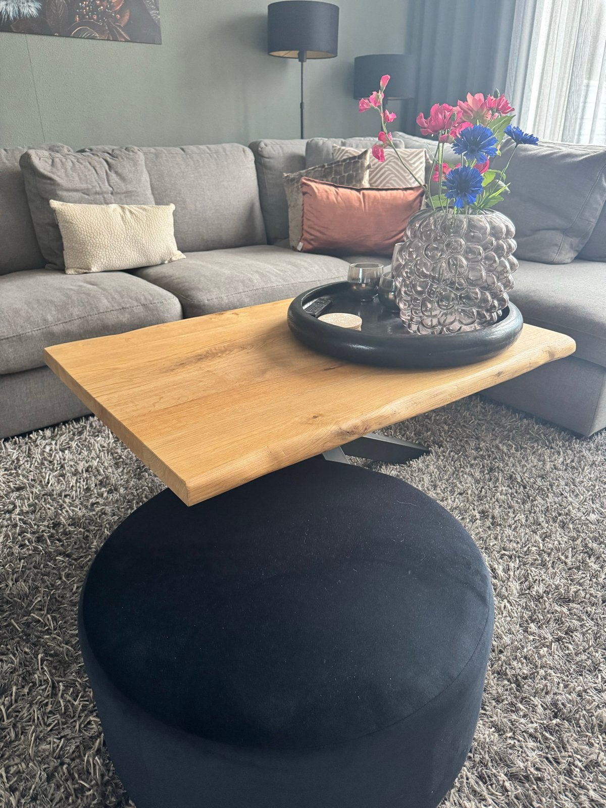 Salontafel 100 x 70 cm - Eikenhout met Zwart Metalen Onderst, 100 tot 150 cm, Eikenhout, Zo goed als nieuw, Minder dan 50 cm