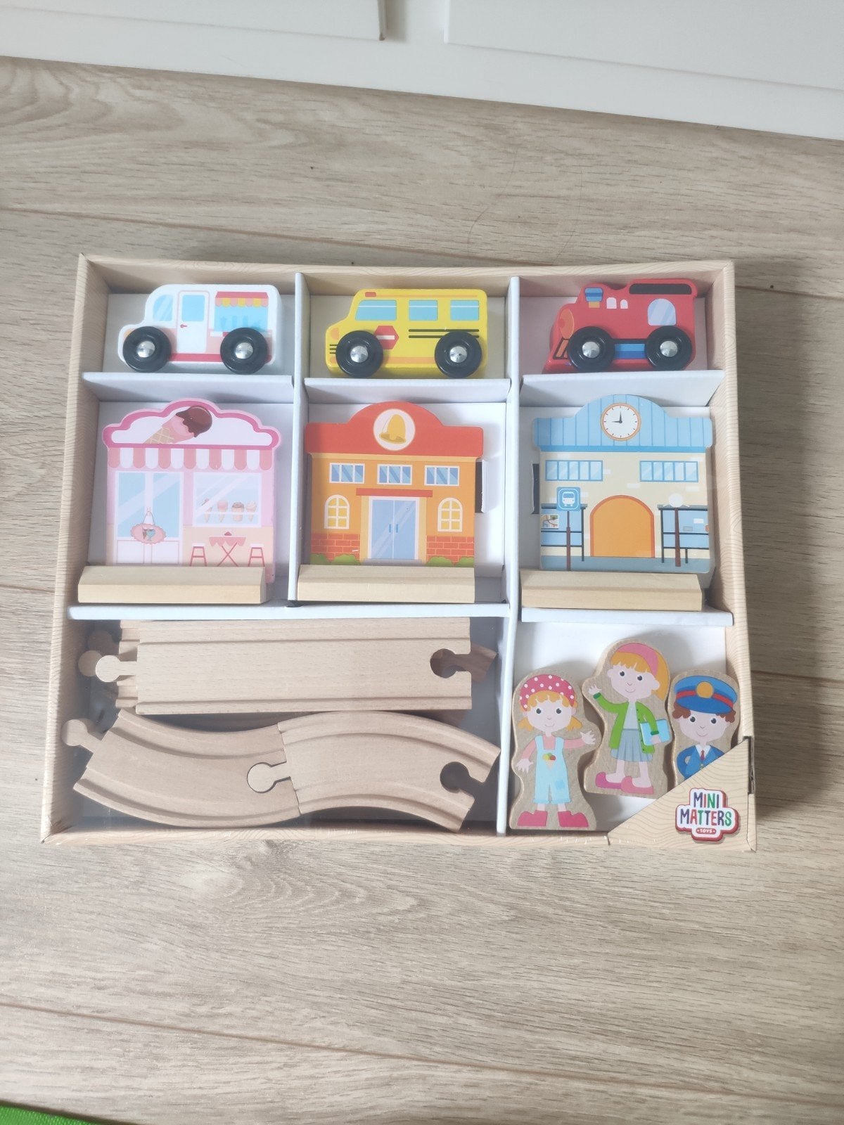 Mini matters houten autobaan set ijs school bus nieuw, Ophalen of Verzenden, Nieuw