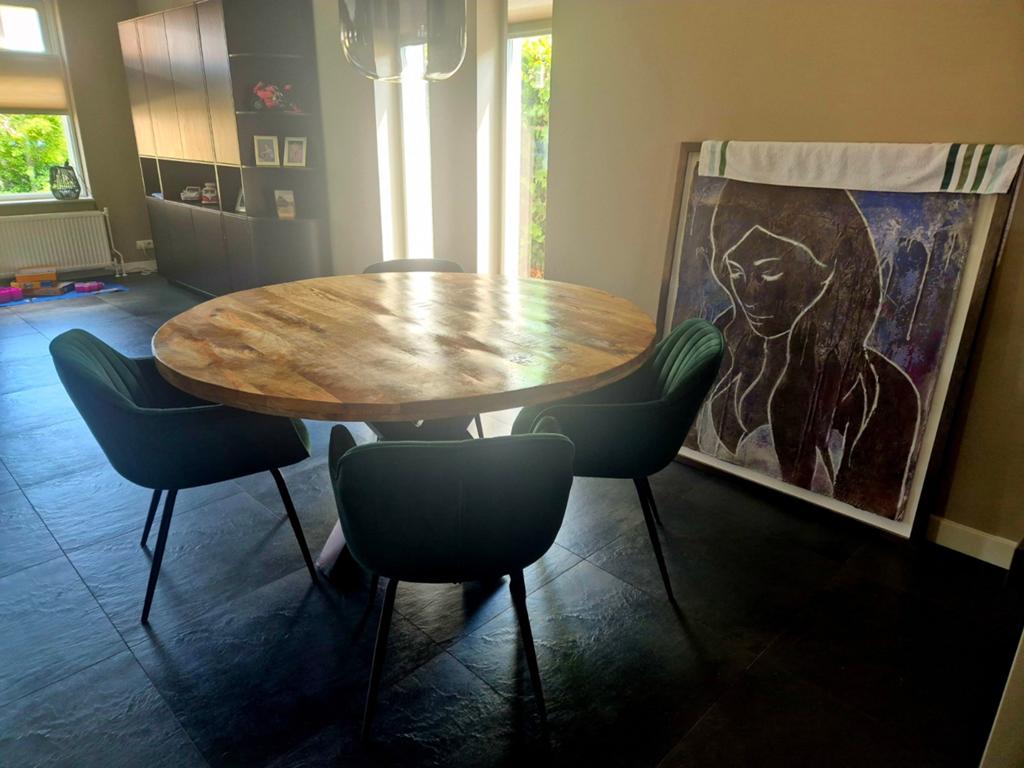 4 groene fluwelen stoelen, Huis en Inrichting, Stoelen, Ophalen, Gebruikt, Overige kleuren, Vier