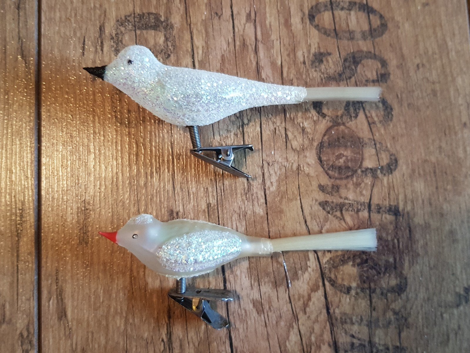 vogel op knijper 2 stuks vintage kerstbal figuur, Ophalen of Verzenden, Zo goed als nieuw