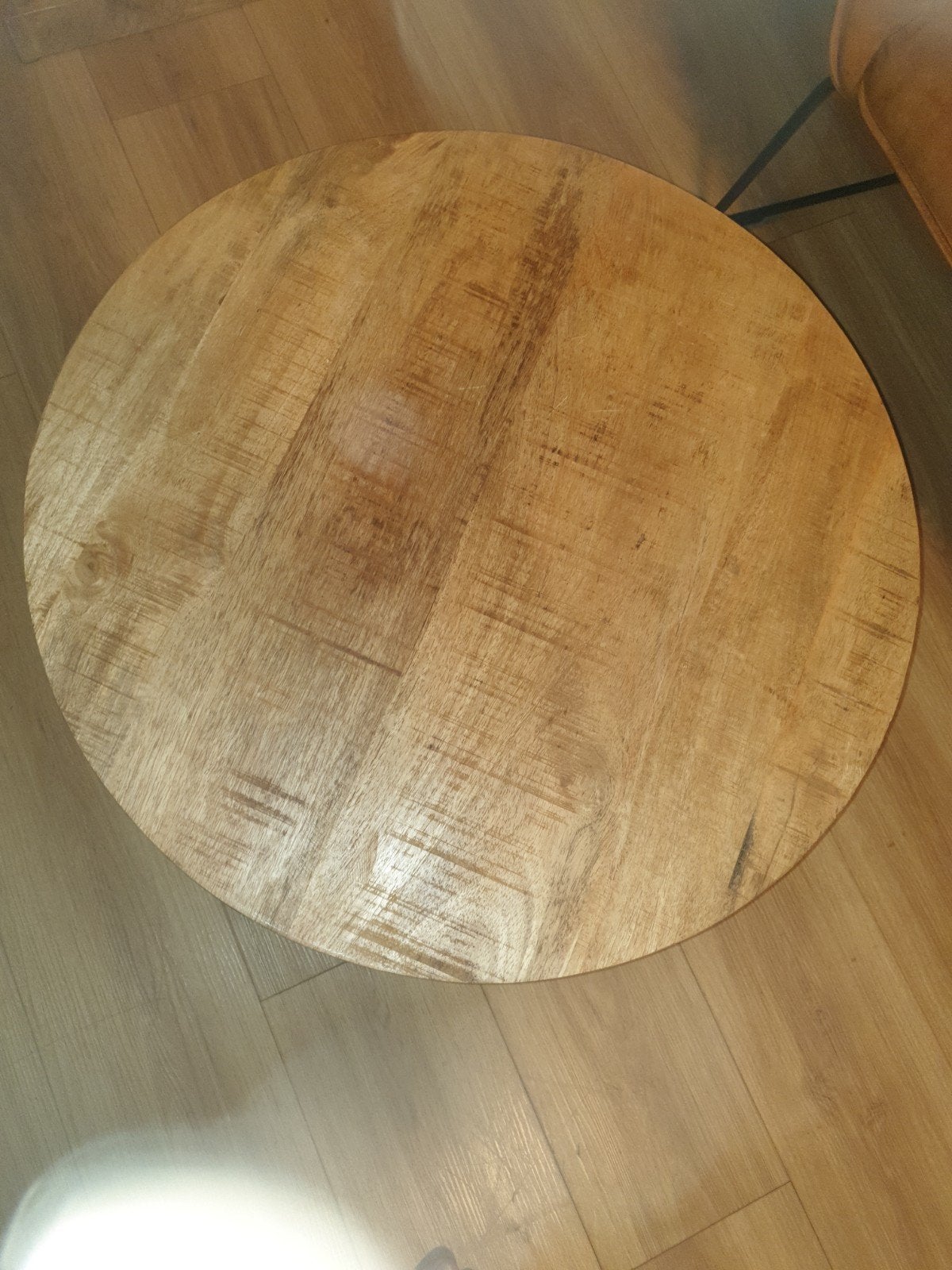 Ronde salontafel van hout met metalen onderstel, Gebruikt, 50 tot 100 cm, Rond, 50 tot 100 cm