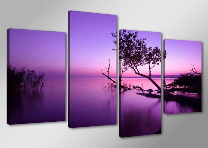 Nieuw * 4 Luik Canvas Schilderij * Paarse Zee Natuur 80x130, Ophalen of Verzenden, Nieuw, 125 cm of meer, Schilderij