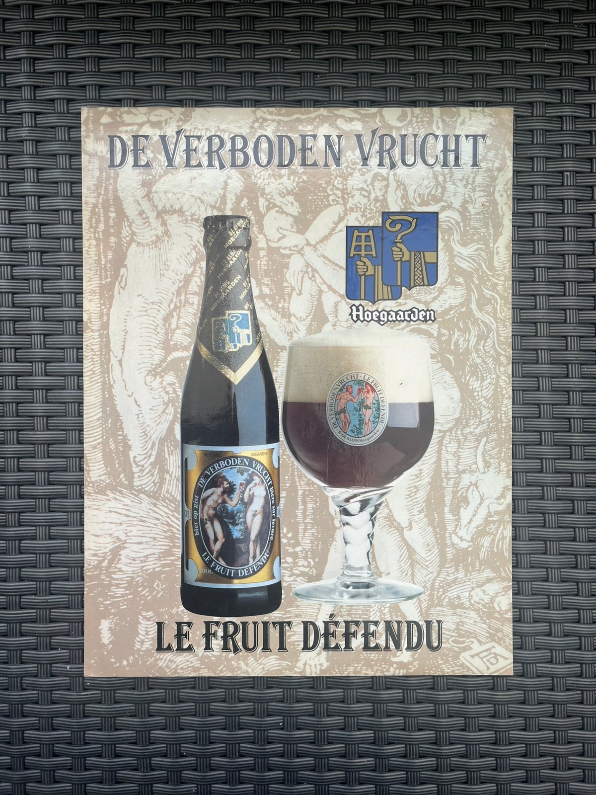 Vintage reclamebord Hoegaarden De Verboden Vrucht, Verzamelen, Biermerken, Ophalen of Verzenden, Zo goed als nieuw, Reclamebord, Plaat of Schild