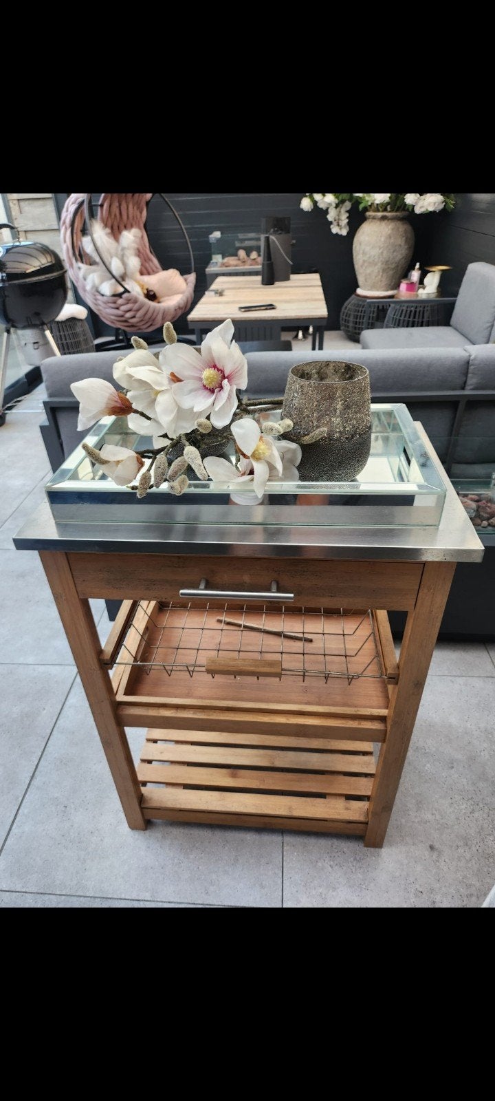 Houten Keukentrolley met RVS Blad en Lade, Gebruikt, Hout, Keukentrolley, Ophalen of Verzenden