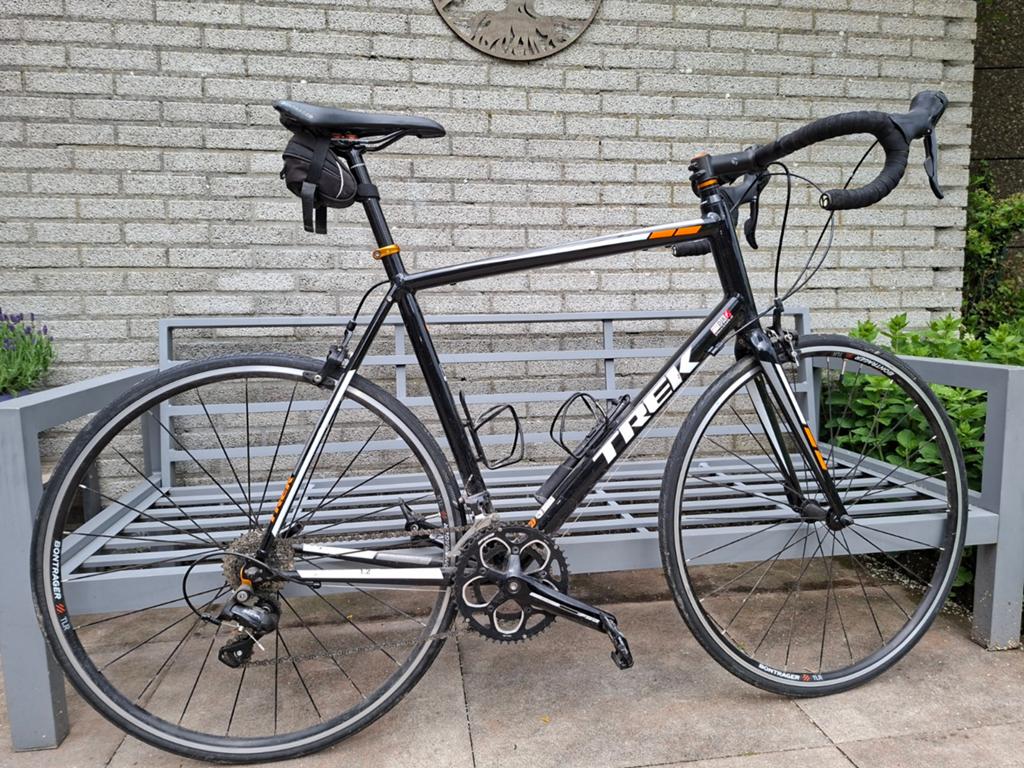 Trek racefiets, zwart met oranje accenten :maat 62, Overige merken, Gebruikt, Aluminium, Ophalen of Verzenden