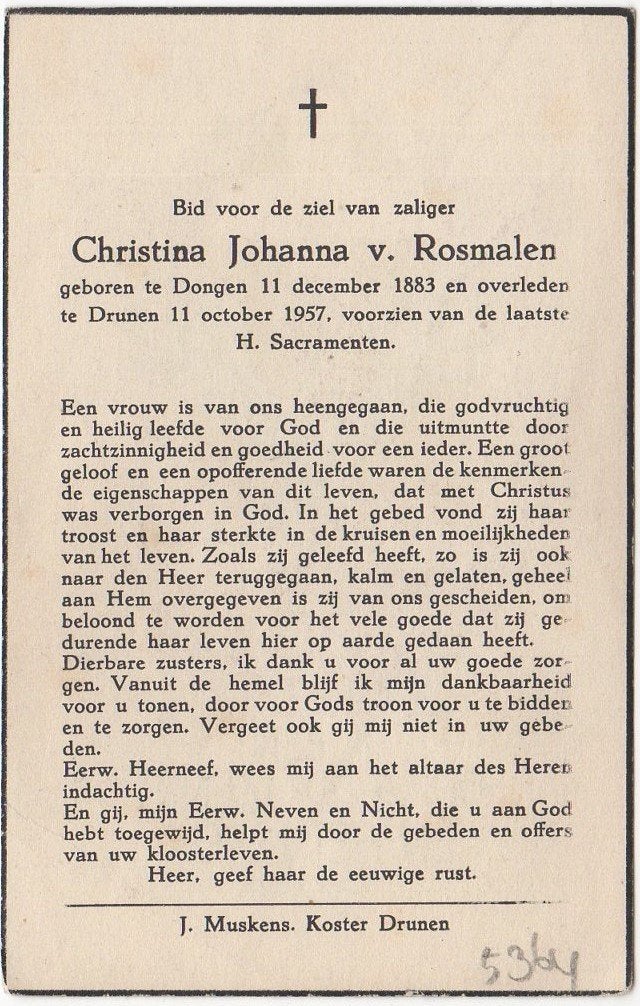 Christina van Rosmalen 1883 Dongen + 1957 Drunen, 73 jaar, Ophalen of Verzenden