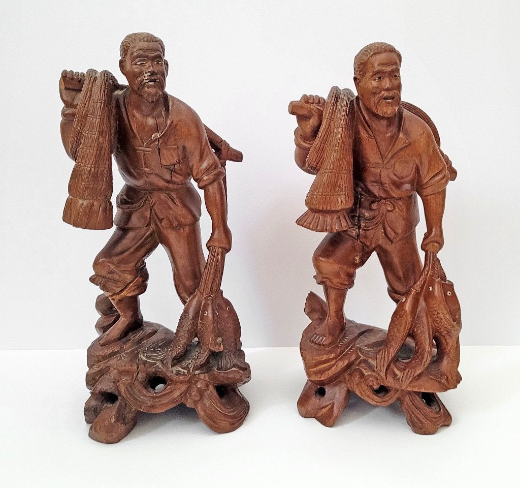 Set Chinese houten handgesneden geluks beelden / vissers, Houtsnijwerk, Ophalen of Verzenden, Handgemaakt, 20 - 50 cm