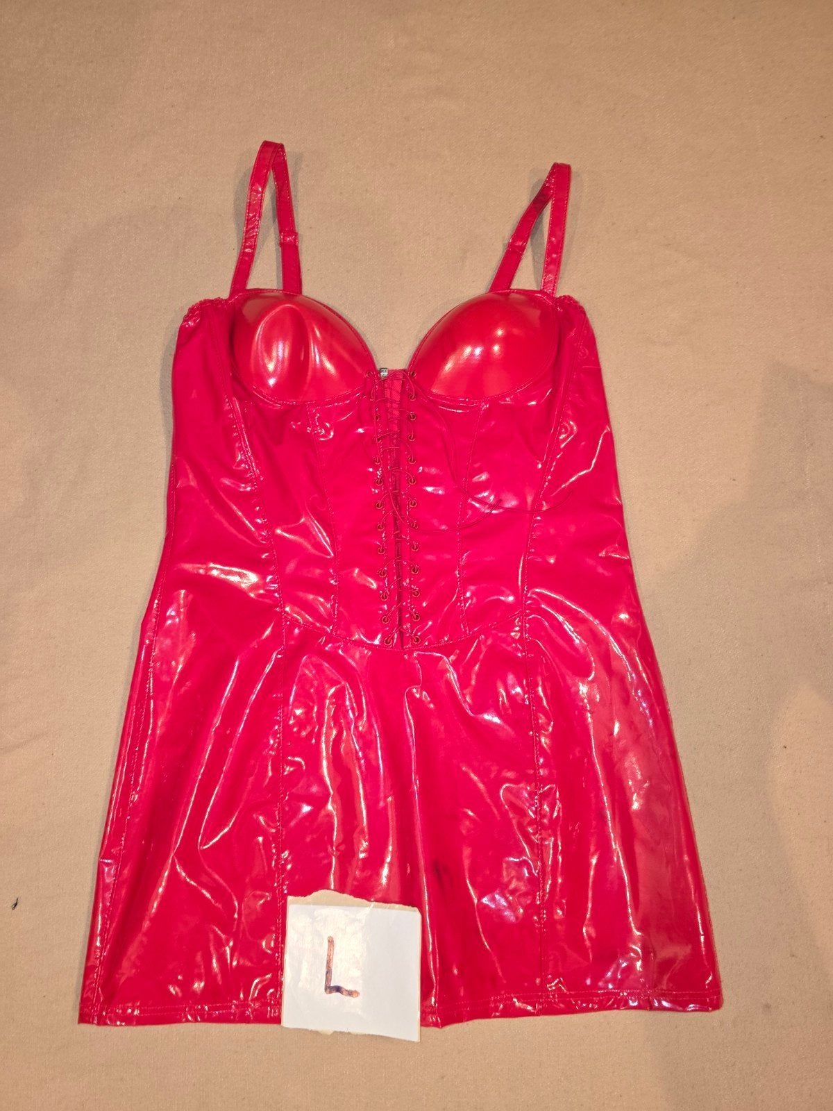 Rode lakjurk met bustier en rits, maat L, Verzenden, Maat 42/44 (L), Onbekend, Gedragen