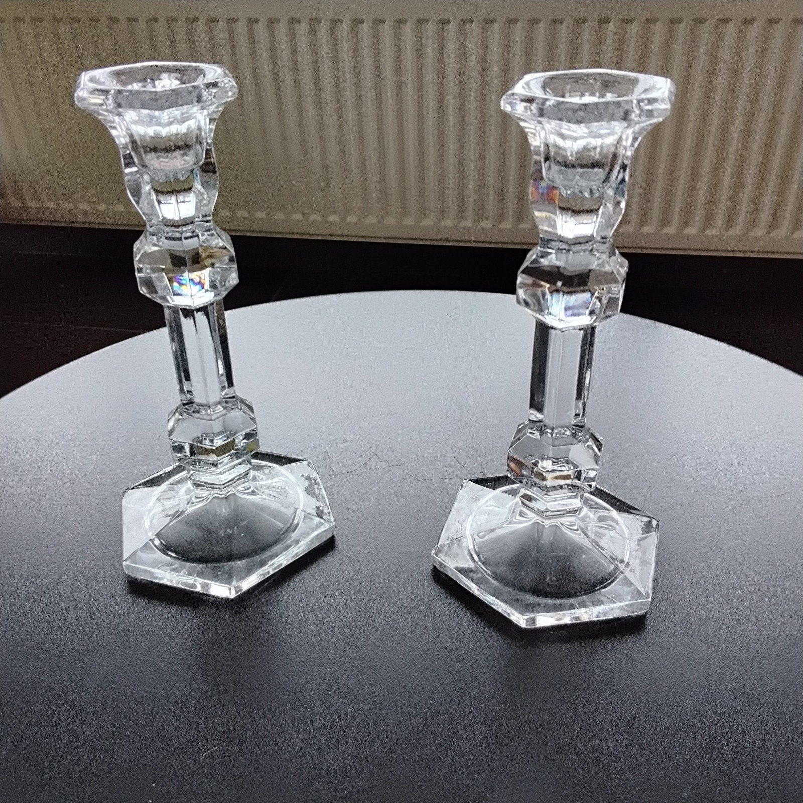 2 klassieke kristallen kandelaars,  hoogte 18 cm, Ophalen of Verzenden, Kristal