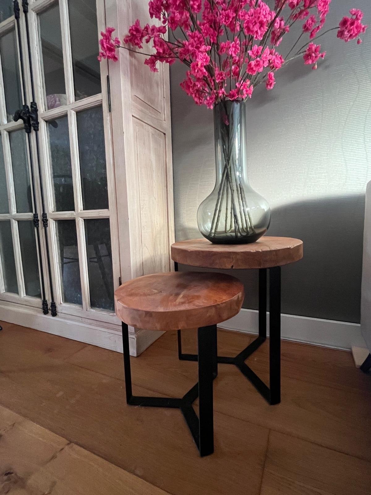 Set van 2 houten bijzettafels met metalen onderstel, Minder dan 55 cm, Rond, Zo goed als nieuw, Hout