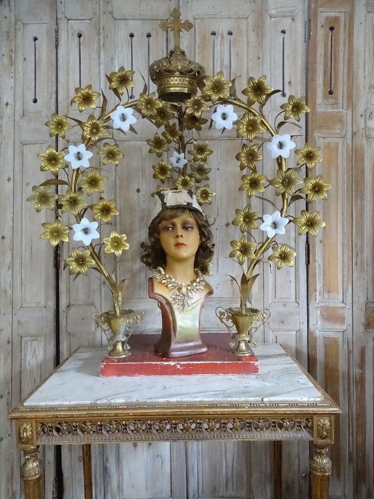 Oude religieuze boog met opaline bloemen, Ophalen of Verzenden