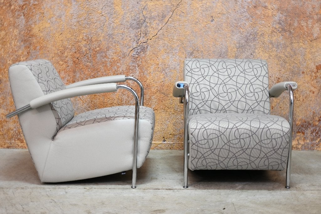 ZGANieuw 1 grijze stoffen Leolux Scylla design fauteuil, Leolux, Leolux, 75 tot 100 cm, Ophalen of Verzenden