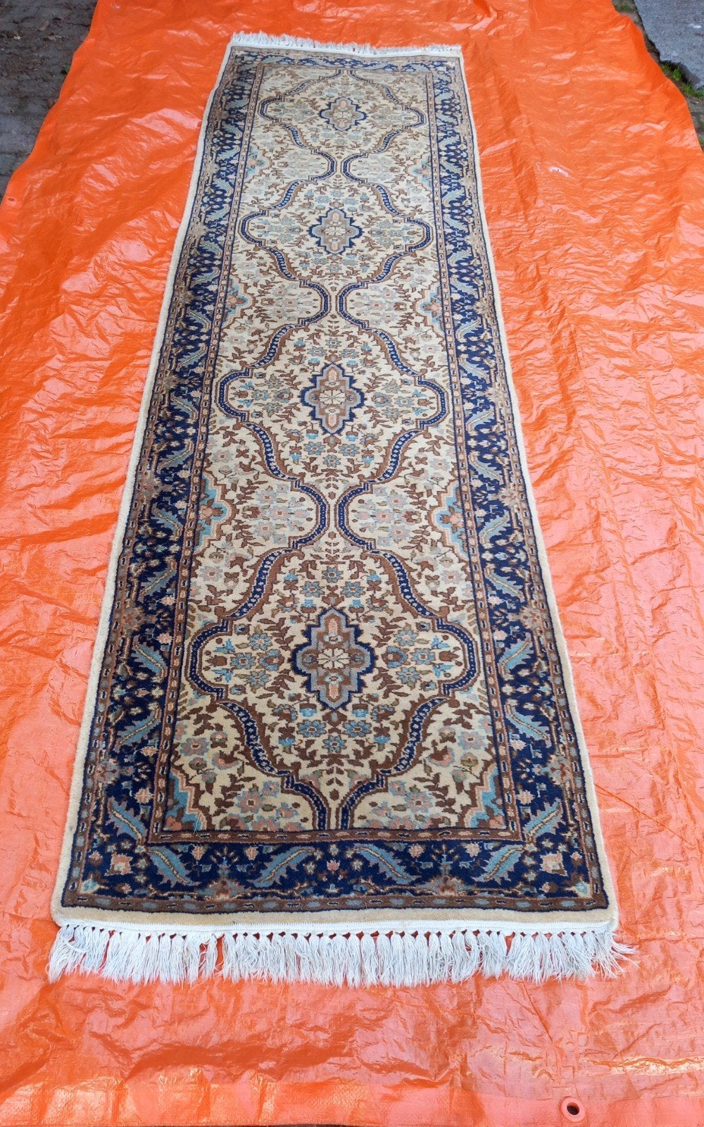 Prachtig Oosters tapijt / loper - Beige met blauw/bruin, Blauw, 200 cm of meer, Zo goed als nieuw, Oosters