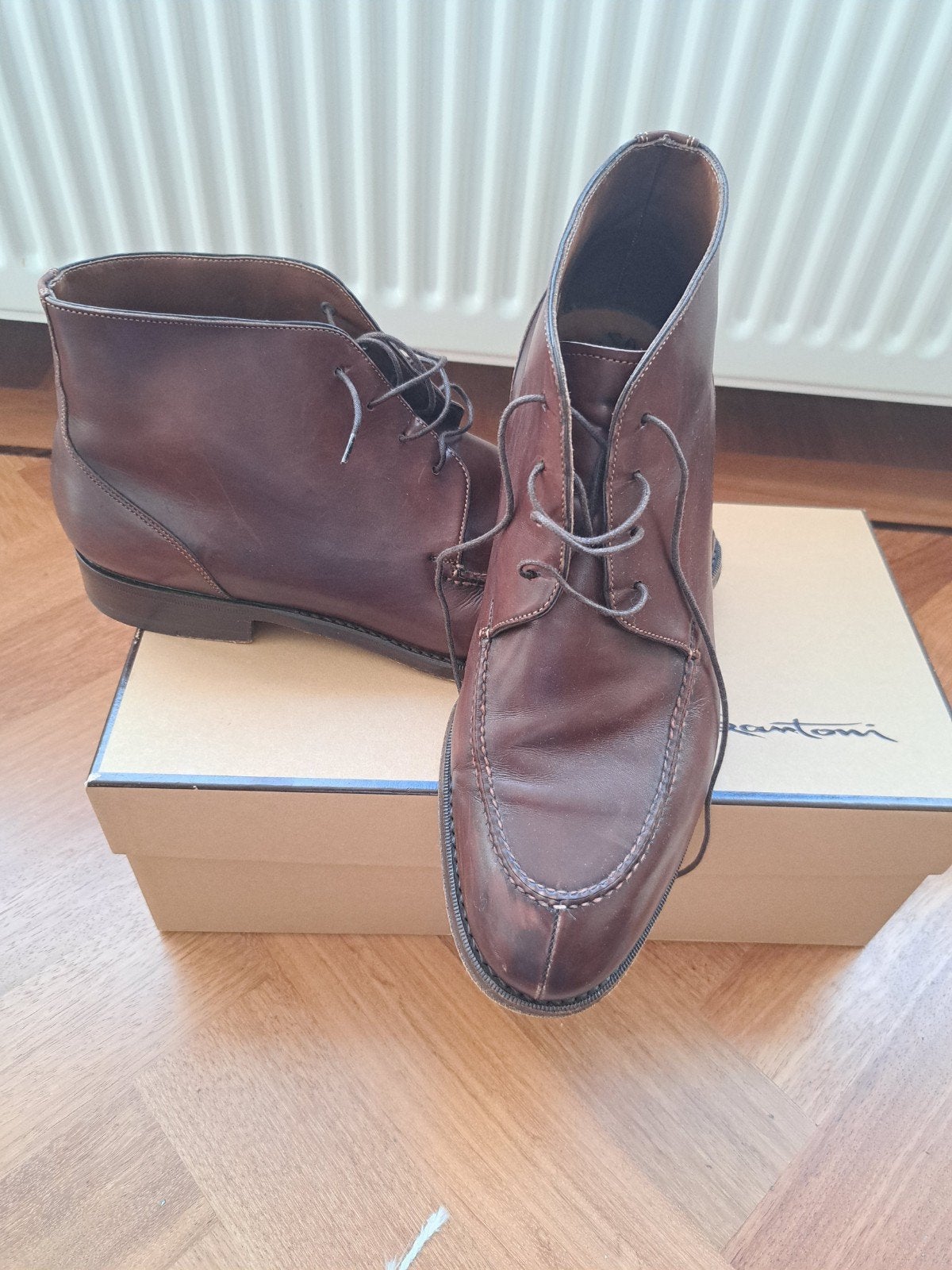 Half hoge bruinen leren veter schoenen 42. Maat 7 Santoni, Bruin, Ophalen of Verzenden, Zo goed als nieuw, SANTONI