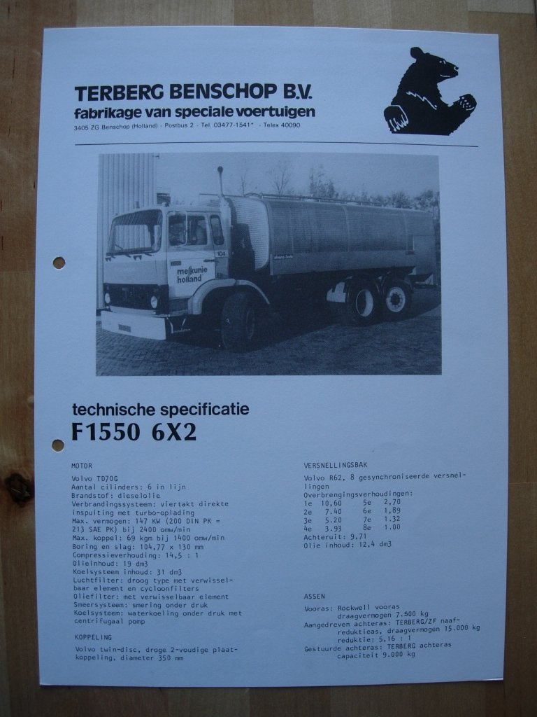Terberg F1550 6x2 Technische Specificatie Brochure 1980, Ophalen of Verzenden, Zo goed als nieuw, Overige merken, Terberg