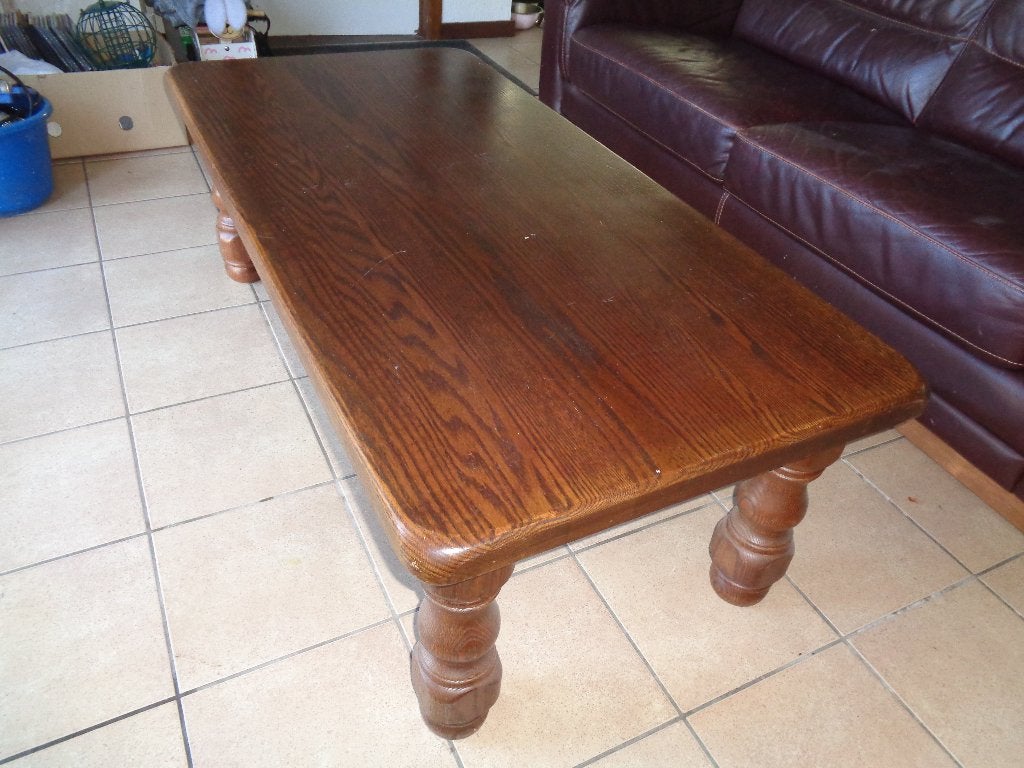 Massief eiken salontafel 1 m 40 x 67 x 46 cm, Ophalen, Eikenhout, 50 tot 100 cm, Zo goed als nieuw