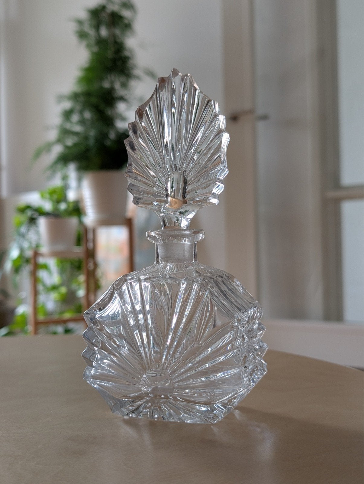 Vintage Art Deco Kristallen Karaf / Parfumfles met Waaier Do, Ophalen of Verzenden