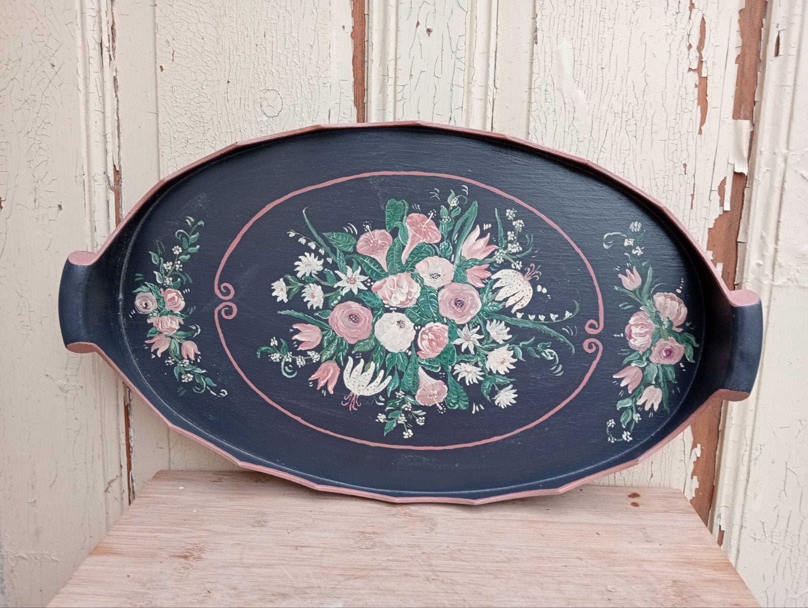 Ovaal houten dienblad met bloemen beschildering, Ophalen of Verzenden