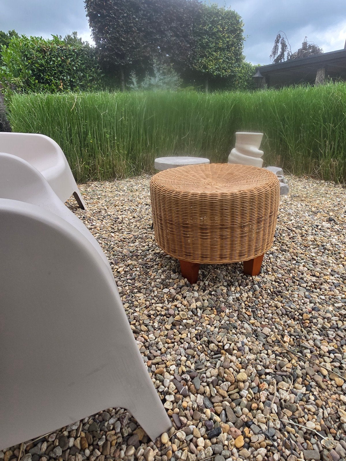 Rotan poef/bijzettafel - Bohemian stijl, Ophalen, Minder dan 55 cm, Gebruikt, Rond