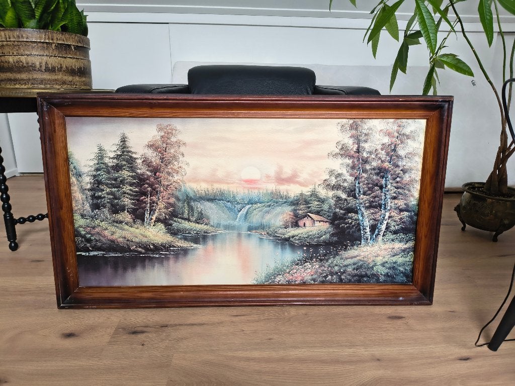 Sfeervol Landschap Schilderij met Waterval en Huisje, Ophalen, Doek, Realistisch, Landschap