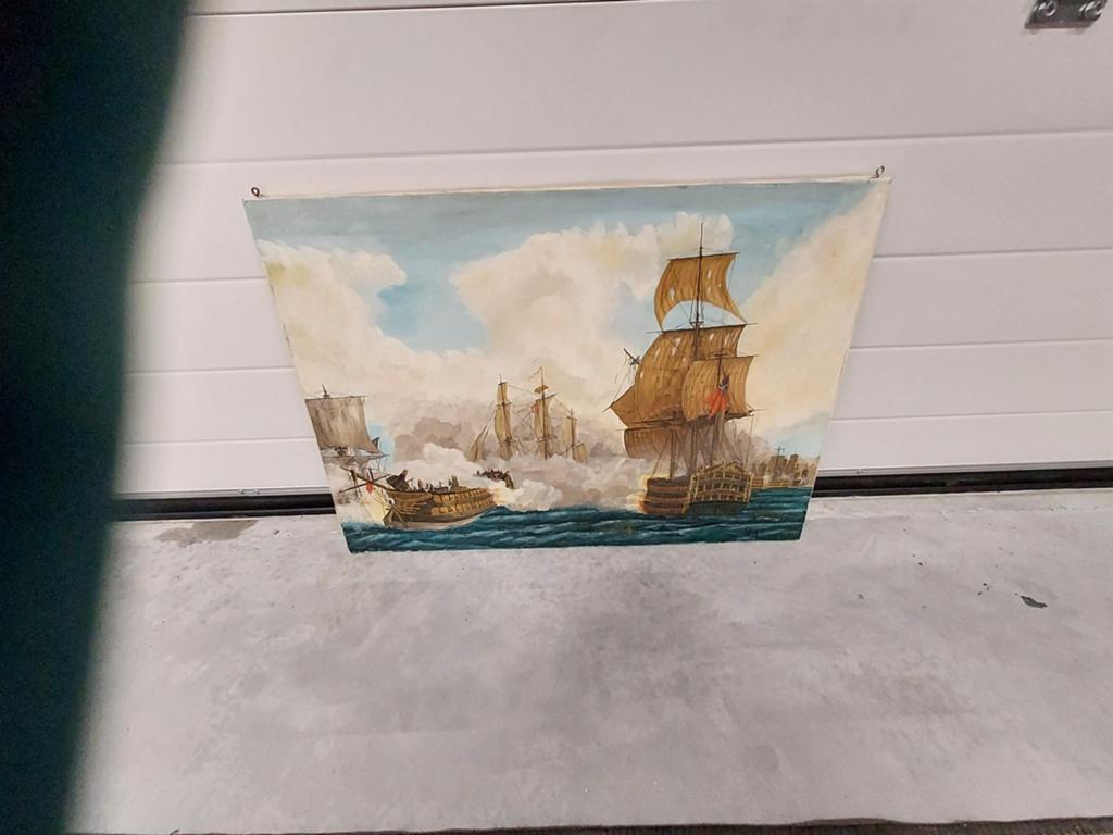 Oud Schilderij vechtende zeilschepen op linnen geschilderd, Antiek en Kunst, Kunst | Schilderijen | Klassiek, Ophalen of Verzenden