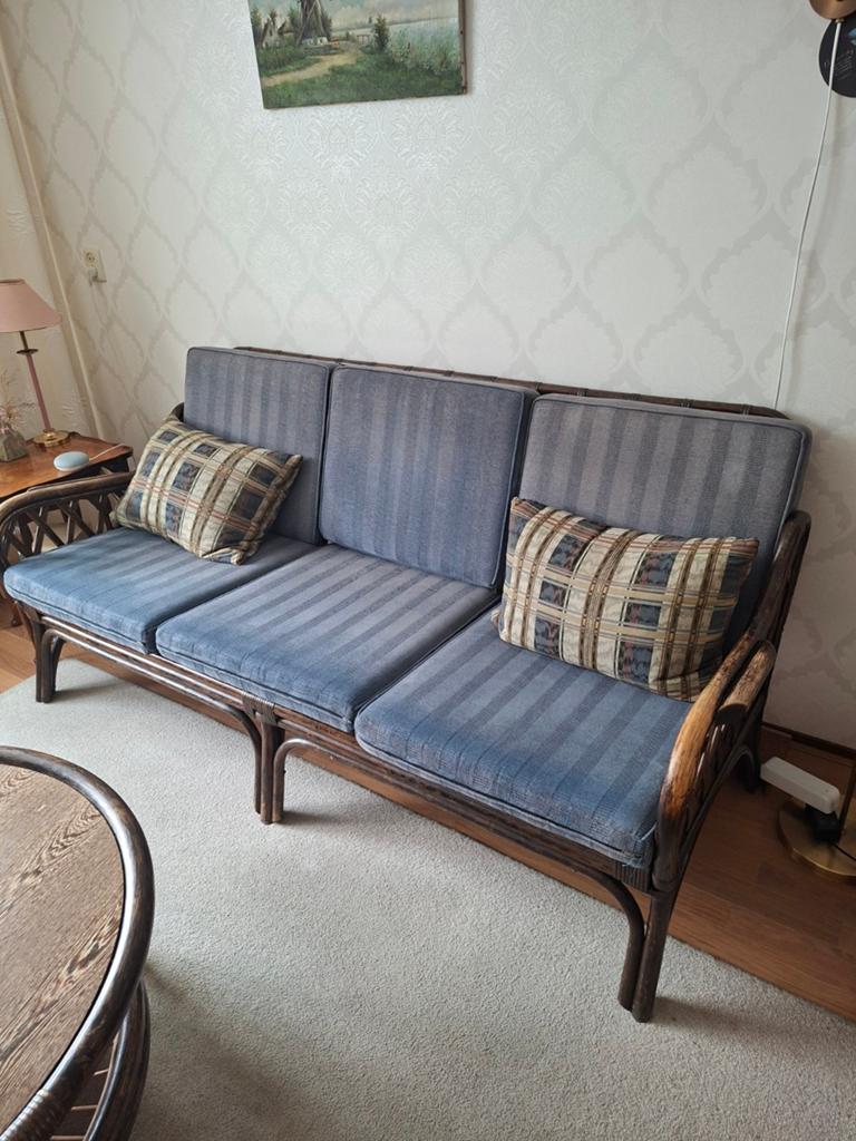 Rotan bankstel: 3-zits en 2-zits bank met salontafel, Gebruikt, 75 tot 100 cm, Rechte bank, Klassiek, Landelijk