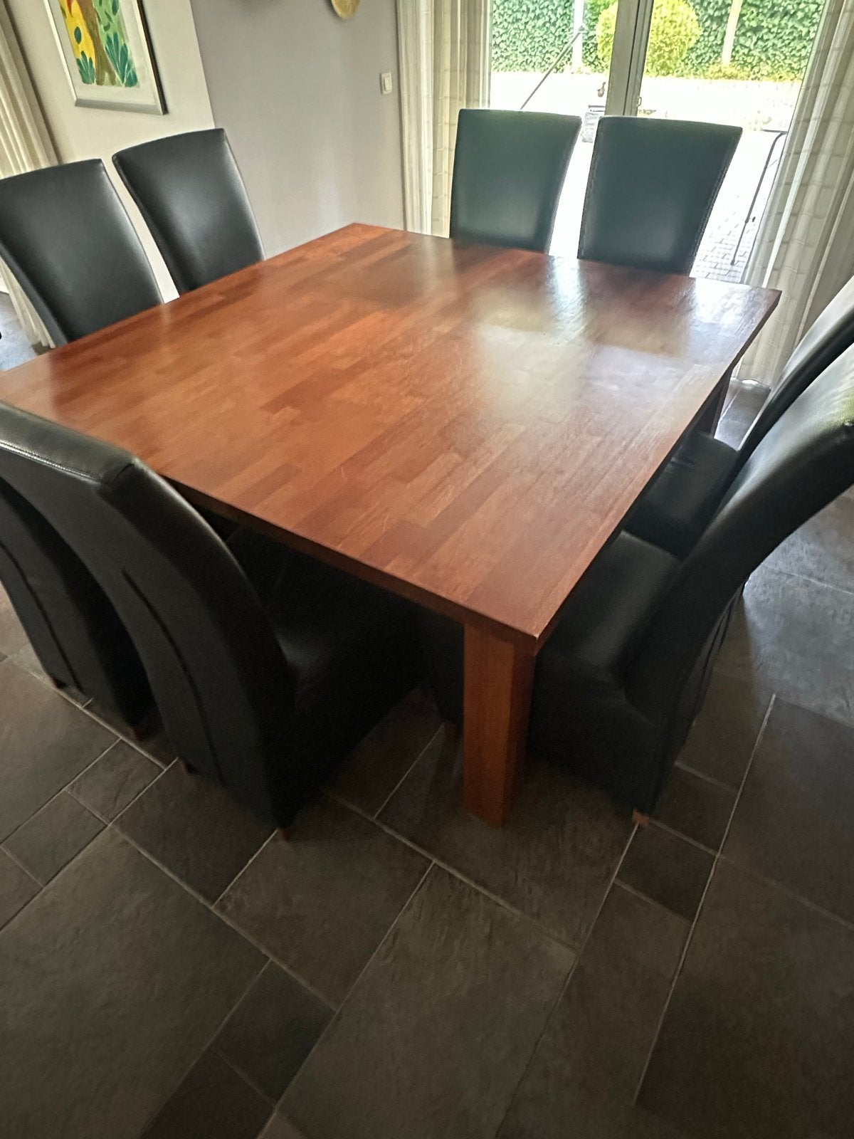 Elegante eettafel met 8 stoelen - massief hout en leer, Ophalen, Gebruikt, 150 tot 200 cm, Vierkant