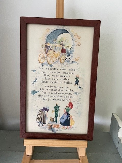 Vintage tekening Corrie van der Baan. Eerste kinderliedje., Ophalen, Zo goed als nieuw, Ophangbaar, Wanddecoratie