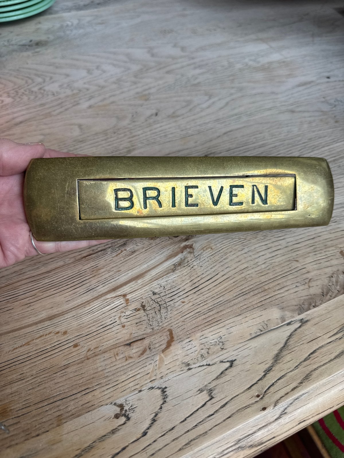 Antieke messing brievenbusklep met 'Brieven' inscriptie, Ophalen, Overige materialen, Gebruikt, Brievenbusklep