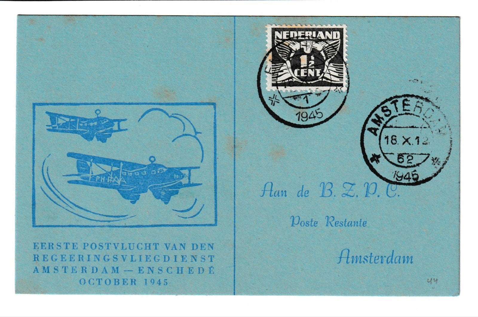 FFC Eerste Postvlucht Amsterdam Enschede 1945, Postzegels en Munten, Ophalen of Verzenden, Briefkaart