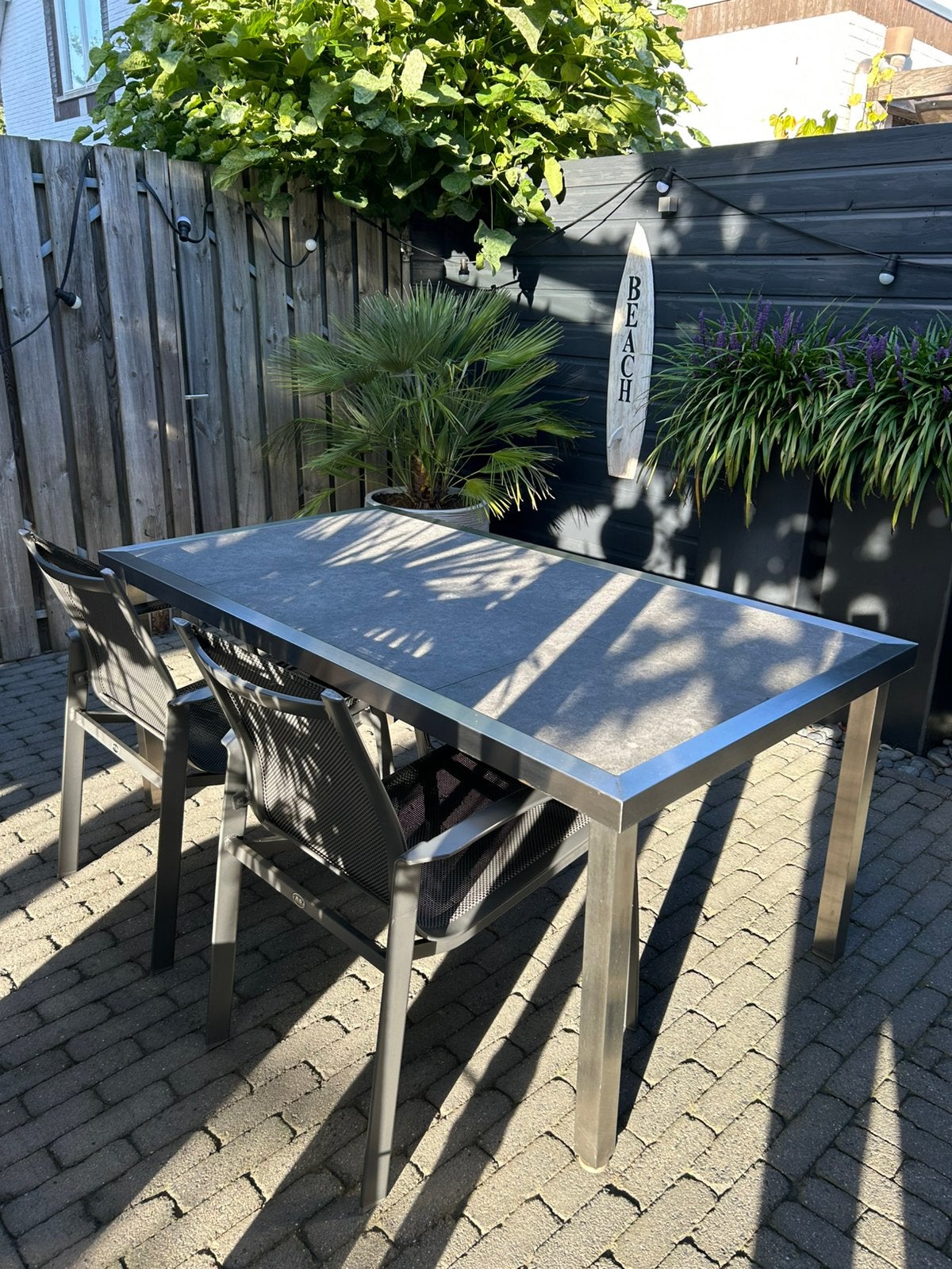 Prachtige tuintafel RVS & natuursteen 170x90 x74 cm MOET WEG, Tuin en Terras, Ophalen, 4 zitplaatsen, Gebruikt, Eettafel