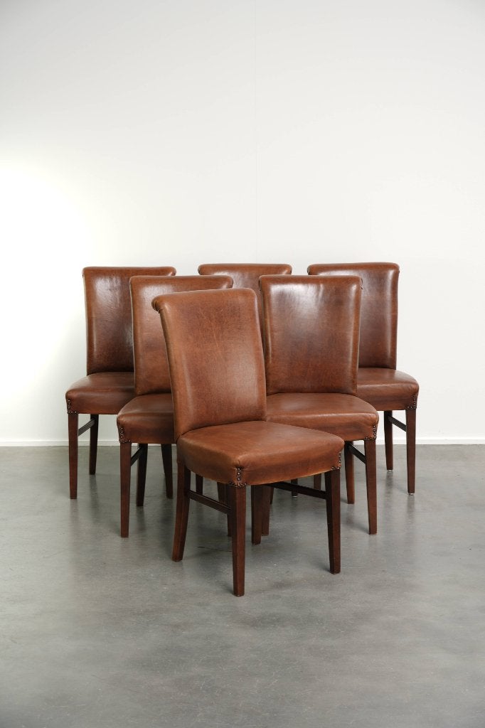 Begeerlijke set van 6 schapenleren eetkamerstoelen, Huis en Inrichting, Ophalen, Gebruikt, Bruin, Vintage
