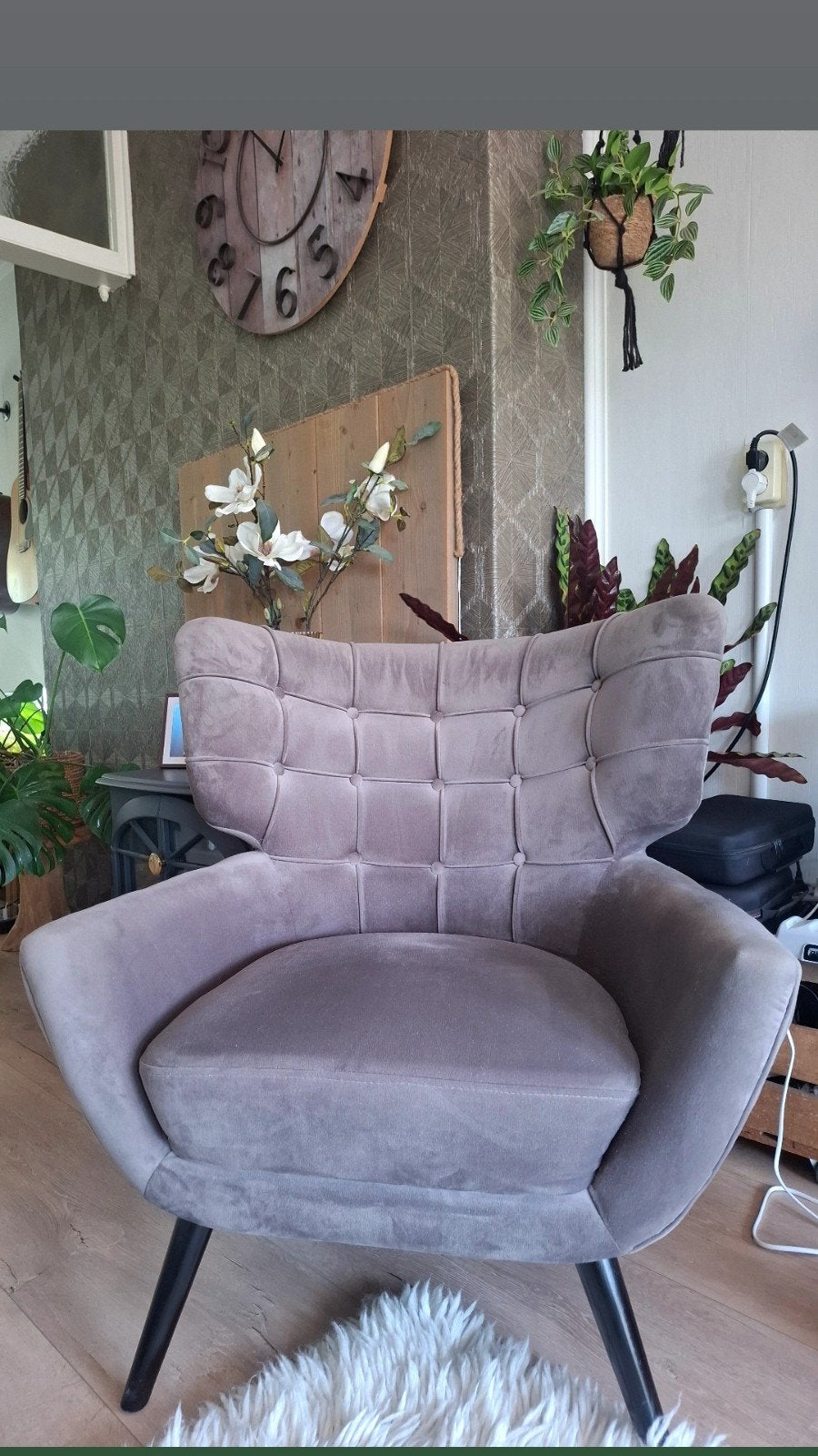 Mooie unieke fauteuil stoel velvet taupe izgs, Ophalen, Eenpersoons, 75 tot 100 cm, Zo goed als nieuw