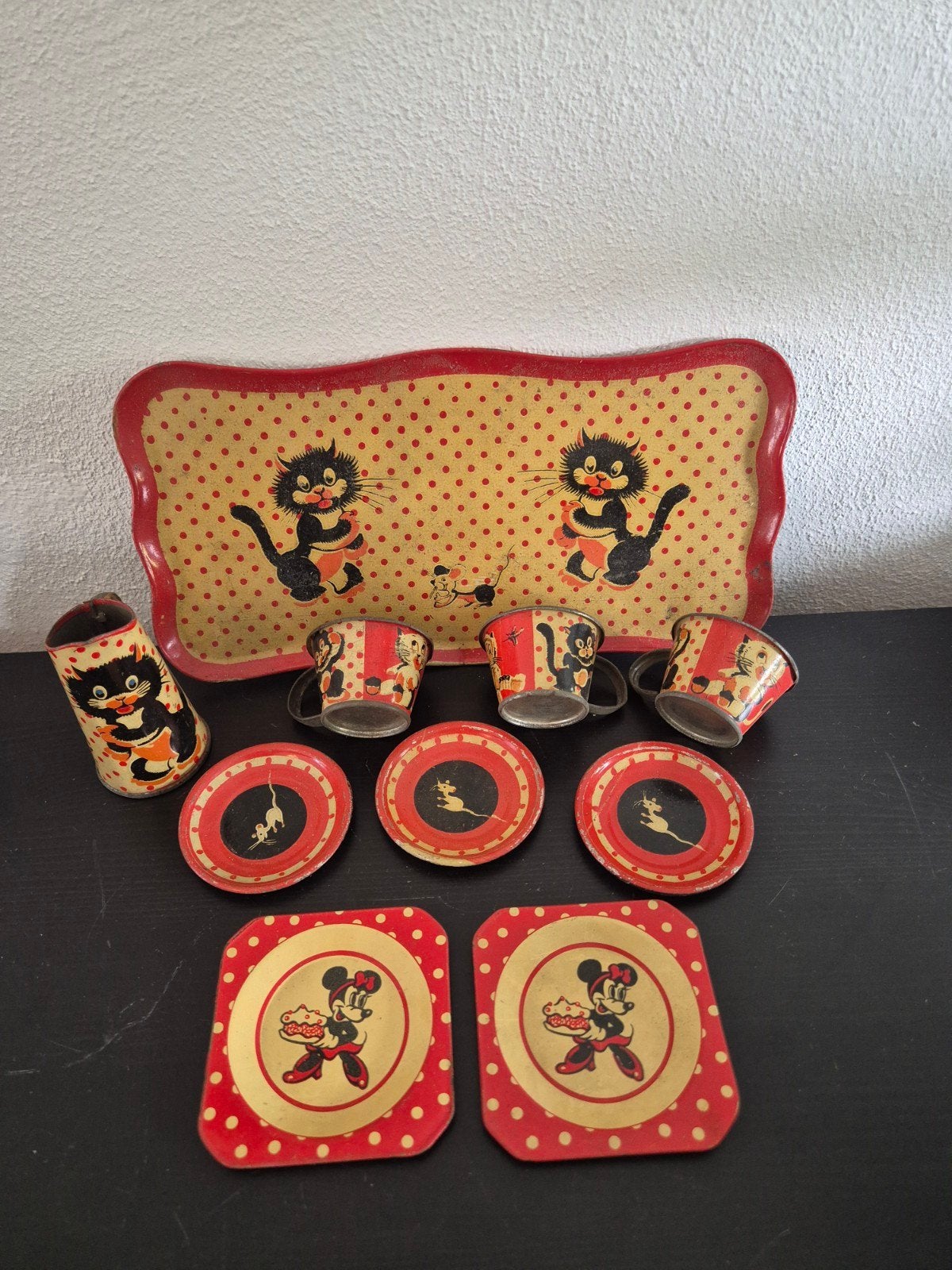 Vintage blikken theeserviesje met katten en muizen, Ophalen of Verzenden