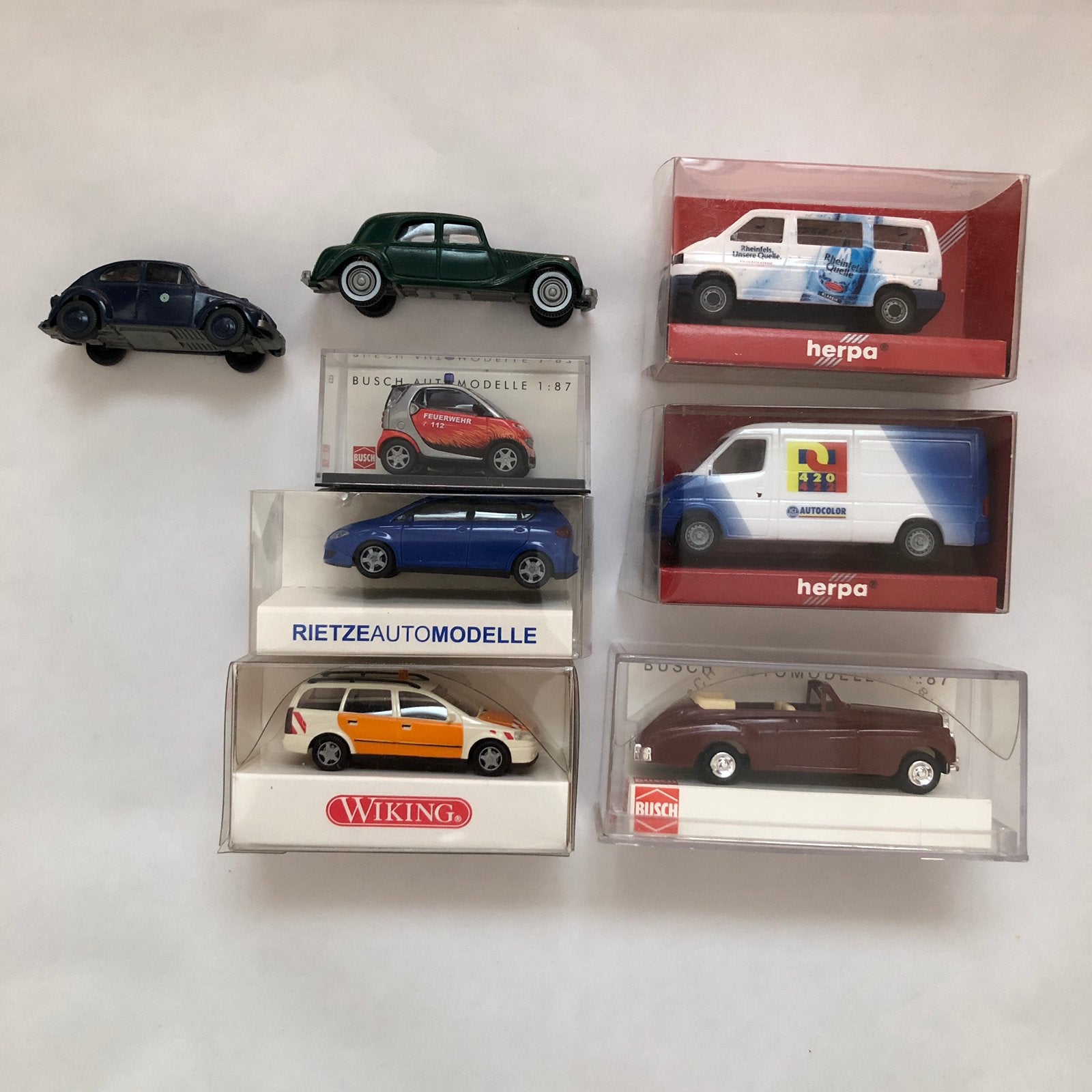 8x 1:87 auto’s; Wiking, Busch, Herpa, Rietze, Ophalen of Verzenden
