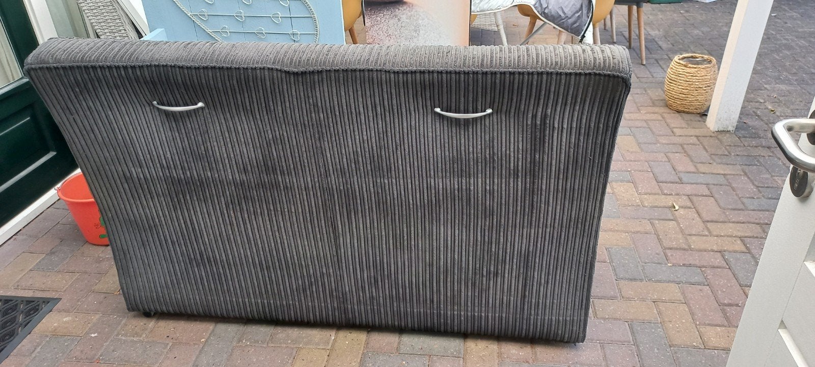 Grijze ribstof, (eettafel)bank met wieltjes., Ophalen, Gebruikt, 100 tot 150 cm, Rechthoekig
